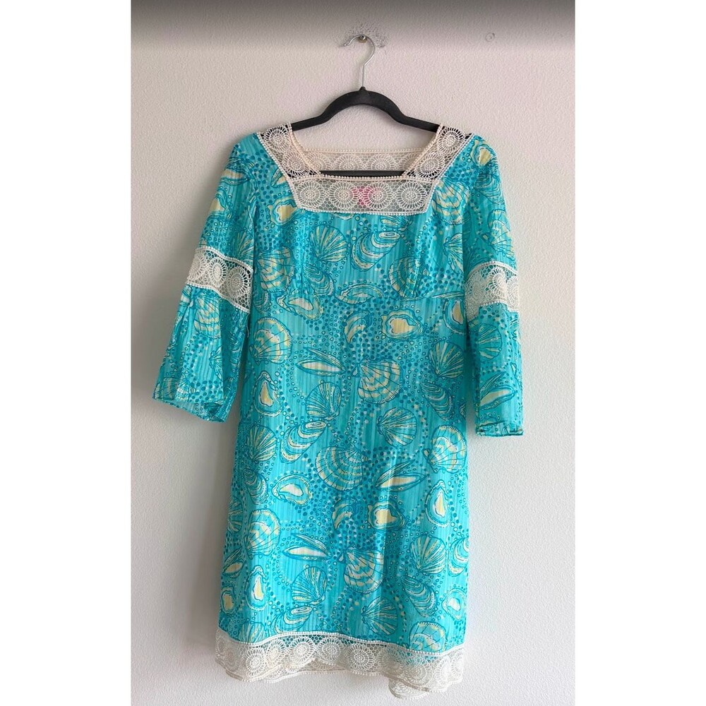 Lilly Pulitzer Shorley Blue Silver Dollar Lace Dress Small 3/4 Sleeve Size S